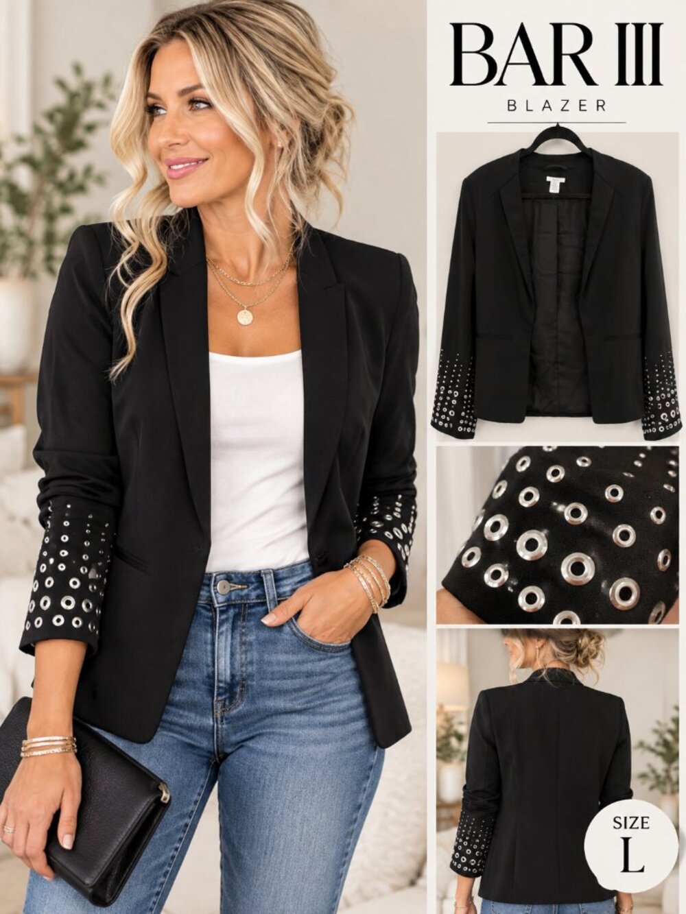Bar III Black Blazer Silver Grommet Studded Cuffs Open Front Size Large